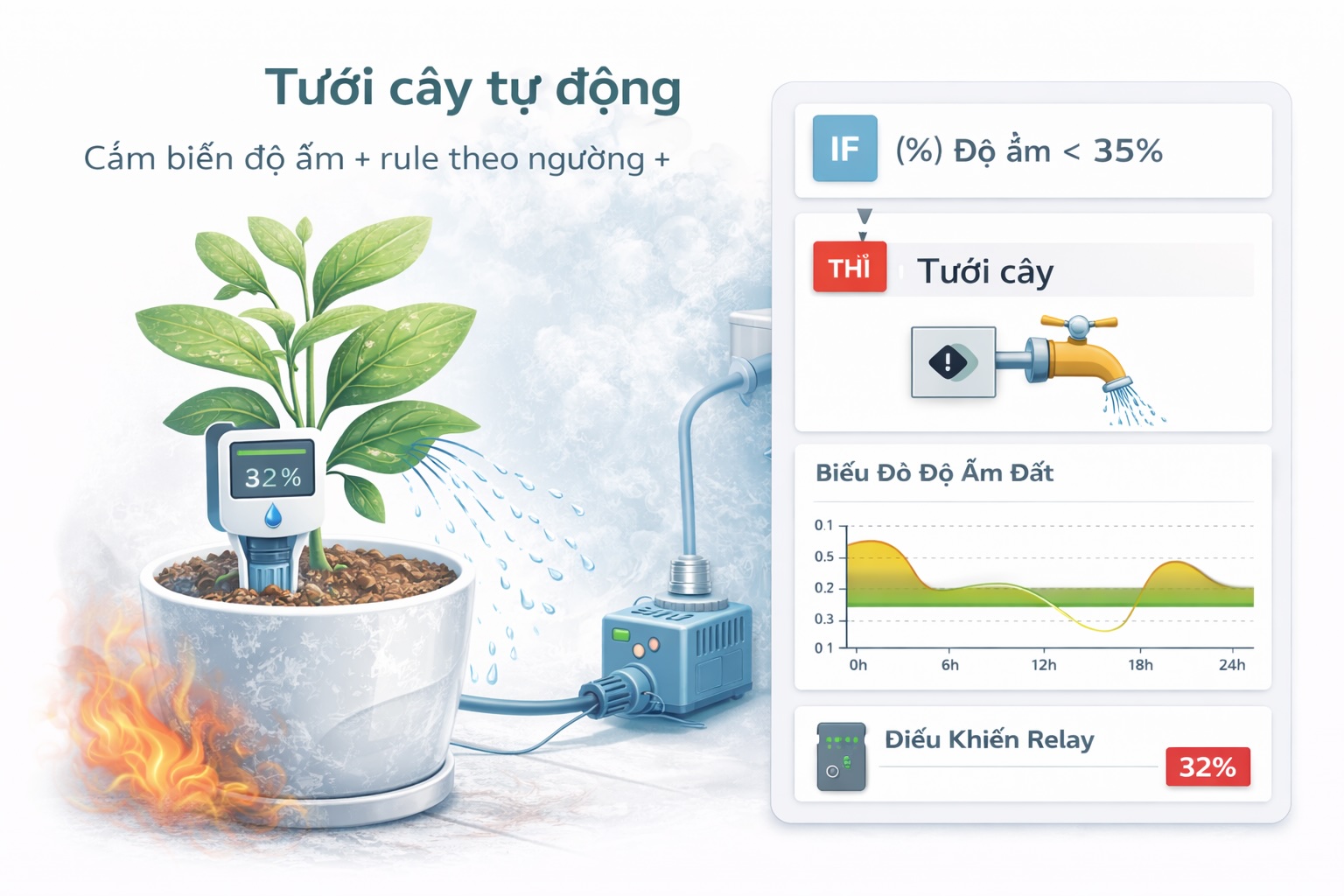 Series MQTT & IoT: Bài 10 – Use-case thực tế – Tưới cây tự động: cảm biến độ ẩm + rule theo ngưỡng + điều khiển relay