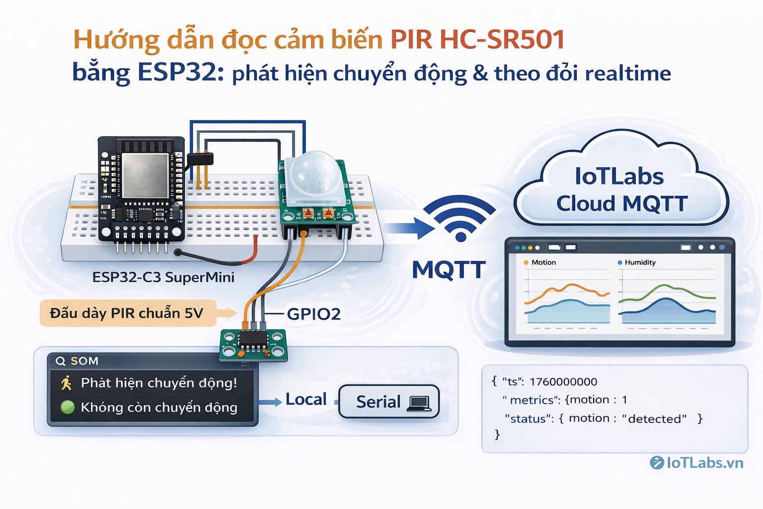 Series ESP32 & Cảm biến: Bài 2 – Đọc cảm biến PIR HC-SR501: phát hiện chuyển động & theo dõi realtime