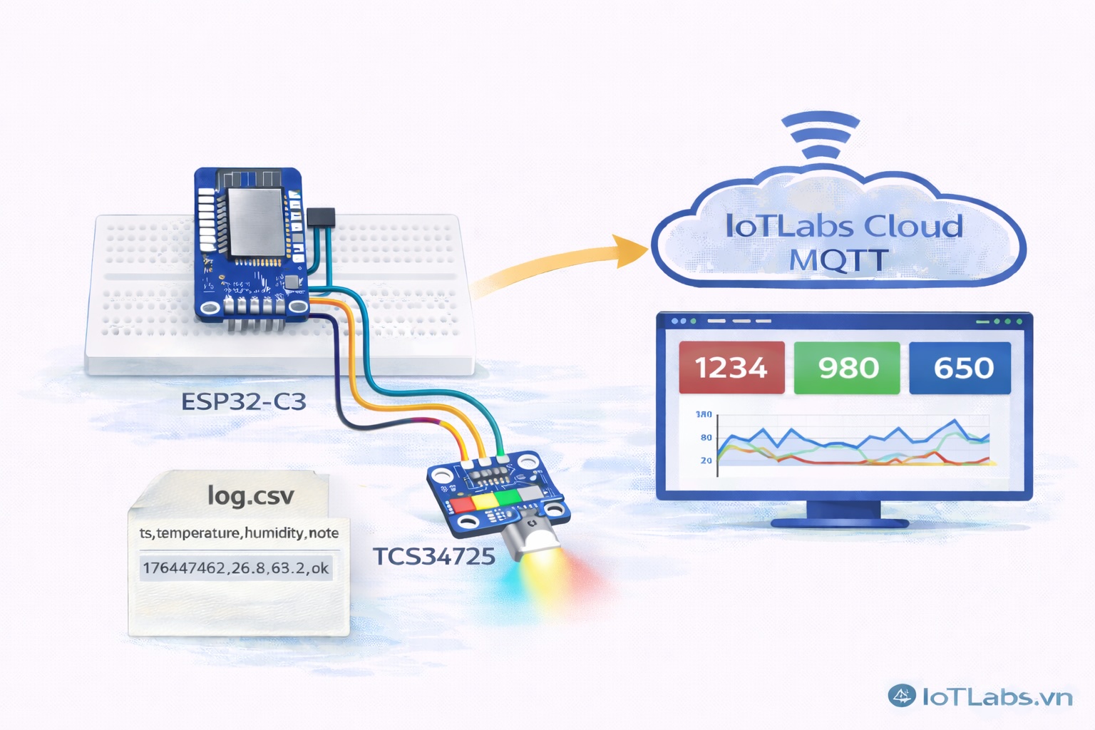Series ESP32 & Cảm biến: Bài 22 – Đọc cảm biến TCS34725: đo màu sắc RGB & theo dõi realtime