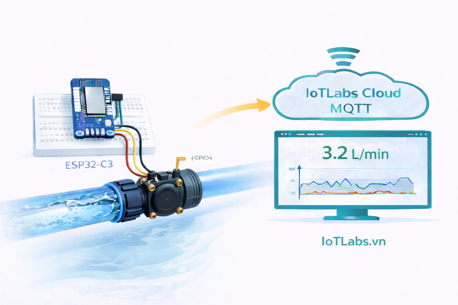 Series ESP32 & Cảm biến: Bài 29 – Đọc cảm biến Water Flow YF-S201: đo lưu lượng nước & theo dõi realtime